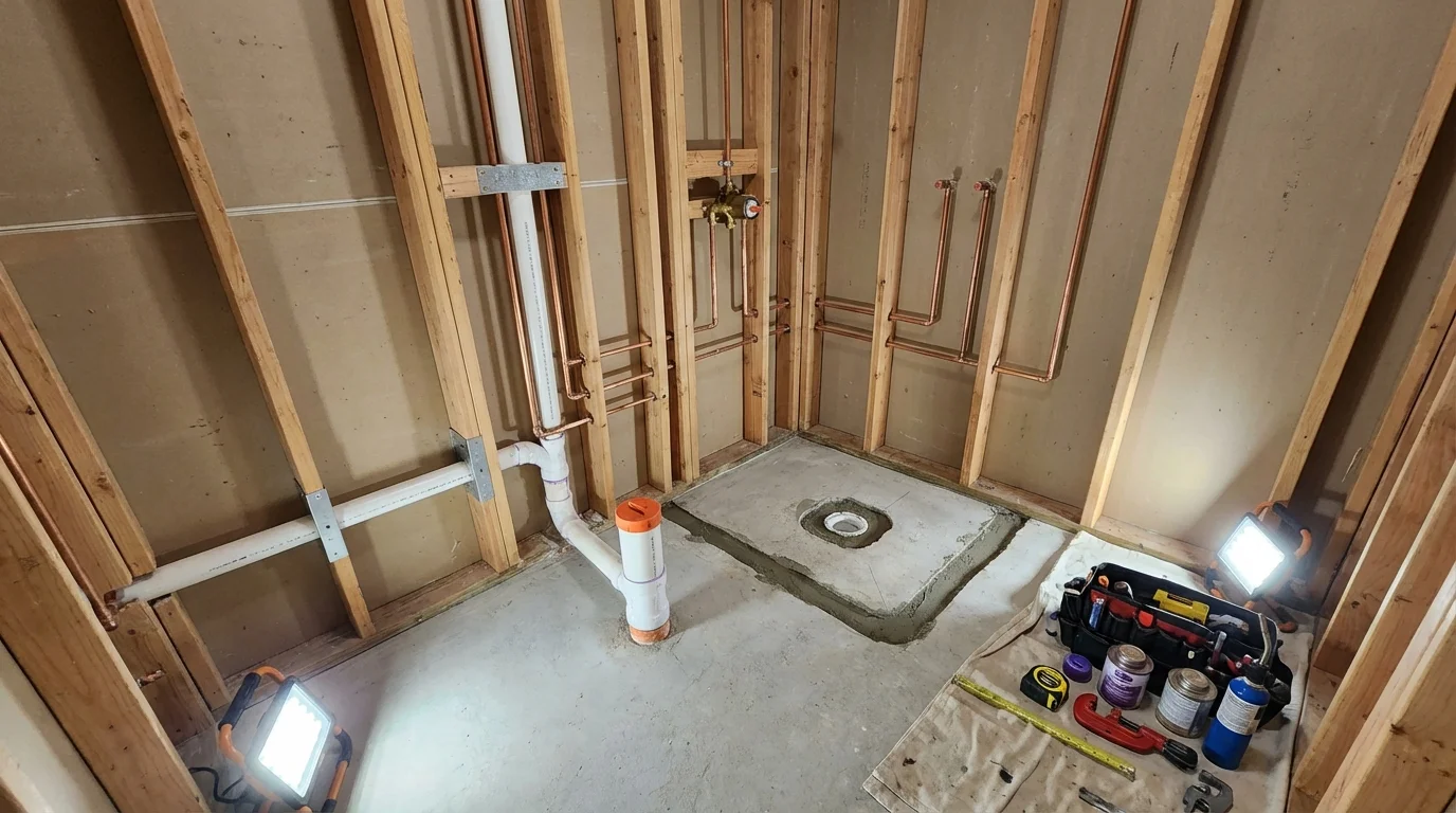 Bathroom rough-in plumbing during remodel by Johns Plumbing LLC in Sykesville