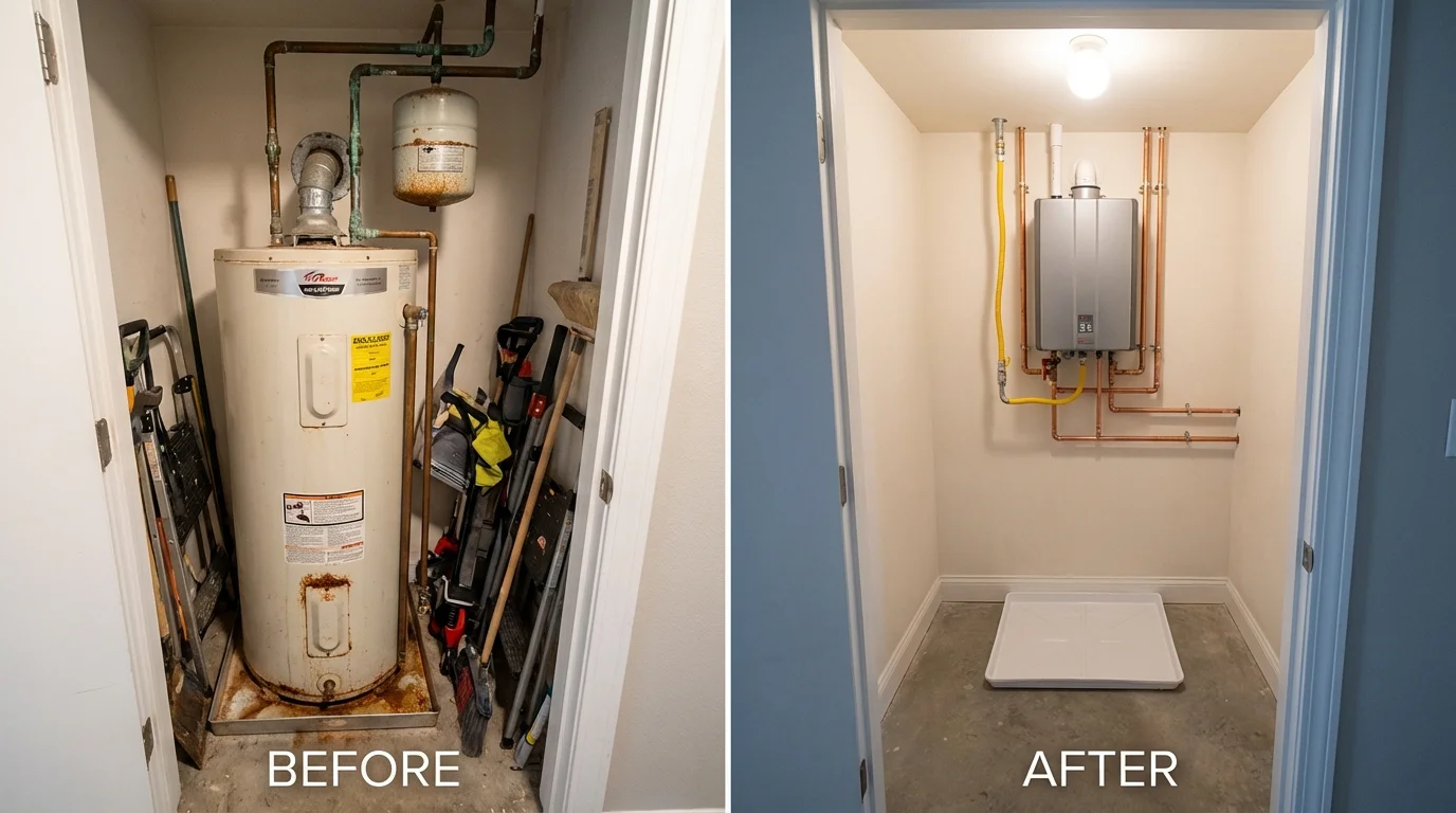 Tank water heater versus wall-mounted tankless unit comparison for Sykesville, MD homeowners
