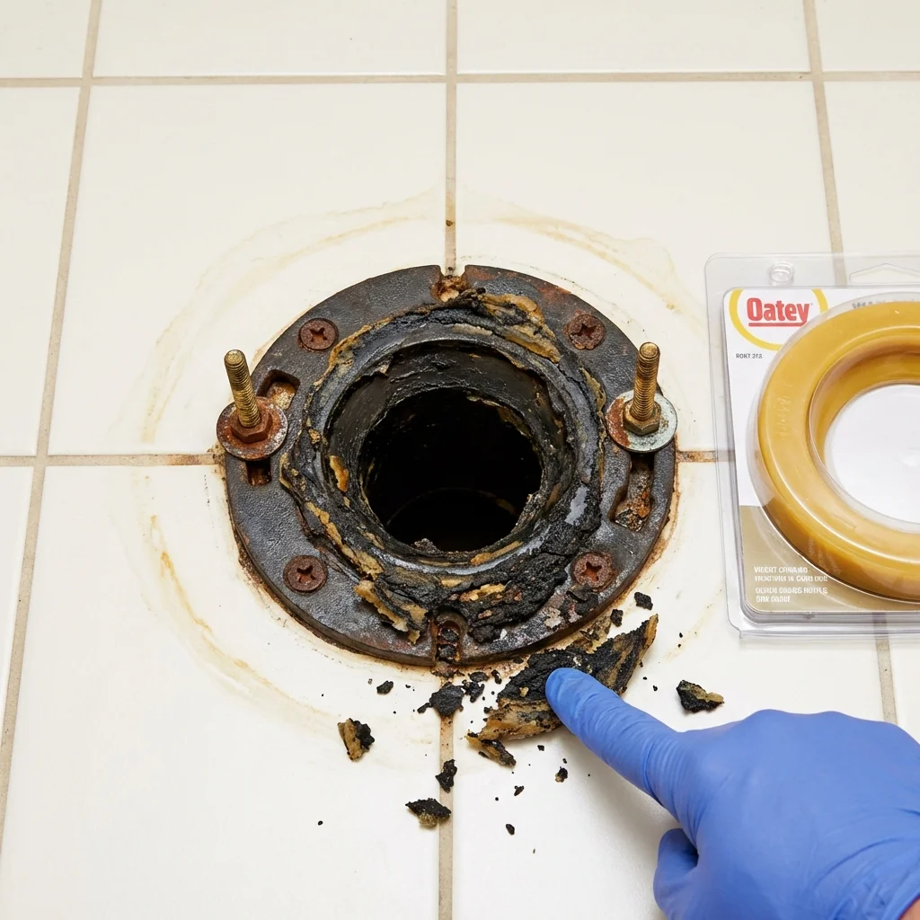 Failed wax ring showing water seepage at the base of a toilet in a Sykesville, MD home