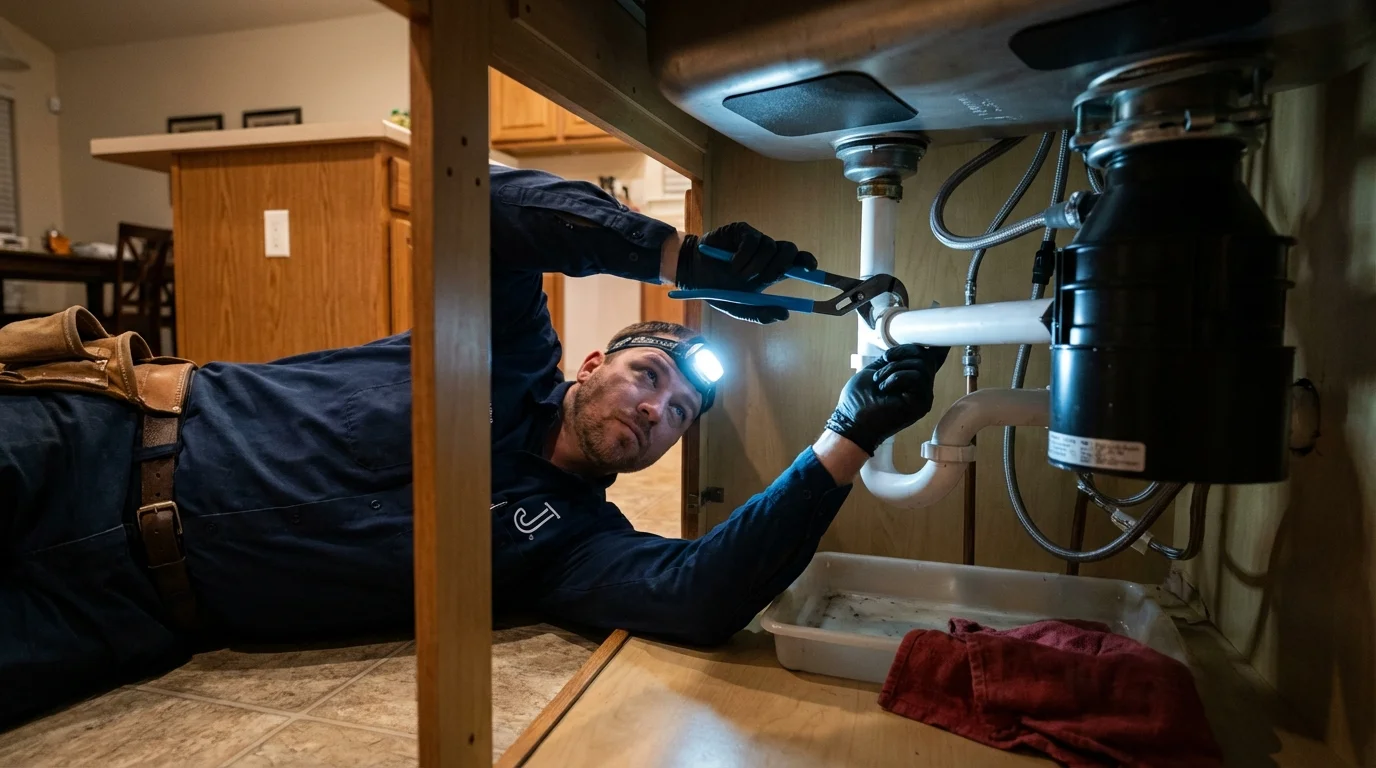 P-trap and supply line connections under a kitchen sink showing a common leak point in Sykesville, MD